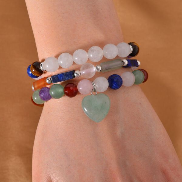 3er-Set- Multi-Edelstein und weiße Kristall Quarz-Armbänder - 231 ct. image number 2