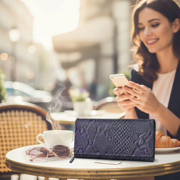 "RfidProtected 100% Python Embossed Genuine Leather Women's Wallet Color : Purple Size:7.25x4 INCH " image number 1