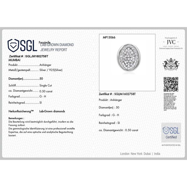 LUXURIANT SGL zertifizierter SI-GH Labor Diamant Anh&auml;nger mit 50cm Kette, 925 Silber rhodiniert - 0,50 ct. image number 5