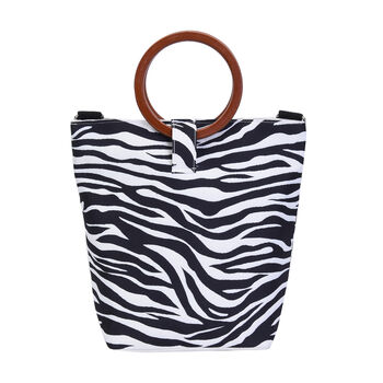 Handtasche mit Holzgriff, Zebramuster, Gr&ouml;&szlig;e 32x12x29cm, Schwarz und Wei&szlig;