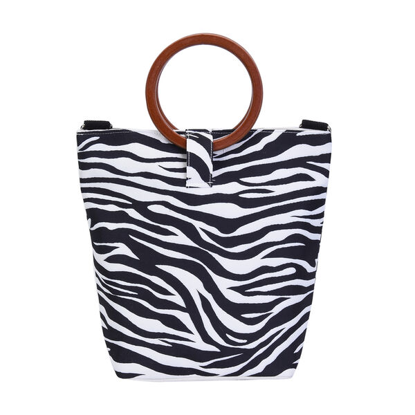 Handtasche mit Holzgriff, Zebramuster, Gr&ouml;&szlig;e 32x12x29cm, Schwarz und Wei&szlig;