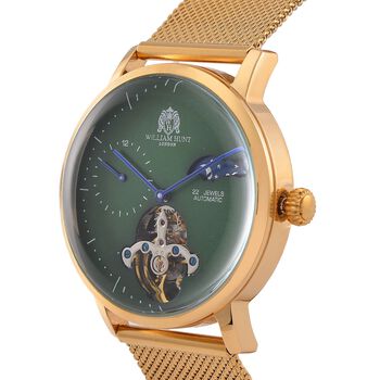 William Hunt Automatik-Uhr - IP-schwarzbeschichtetes Edelstahlgeh&auml;use, gr&uuml;nes Multifunktionszifferblatt mit gew&ouml;lbtem Glas, Edelstahl-Mesh-Armband, Glasboden, 5 ATM wasserdicht, Reiner Edelstahl