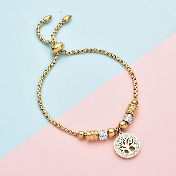 Wei&szlig;es Kristall Bolo Lebensbaum-Armband, ca. 15.25 cm Edelstahl IP-Gold image number 2