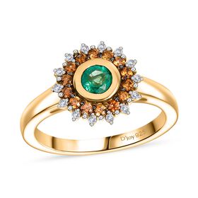 Regal Halo - D joy Kagem Sambischer Smaragd, Brauner Zirkon Ring 925 Silber 750 Gelb Vergoldet (Größe 18.00) ca. 0.70 ct