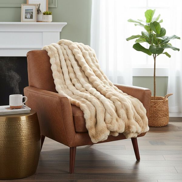 LIVMORE - Doppel-Layer-Kunstfell-Decke mit Mikromink-R&uuml;ckseite, 150x200 cm, Beige