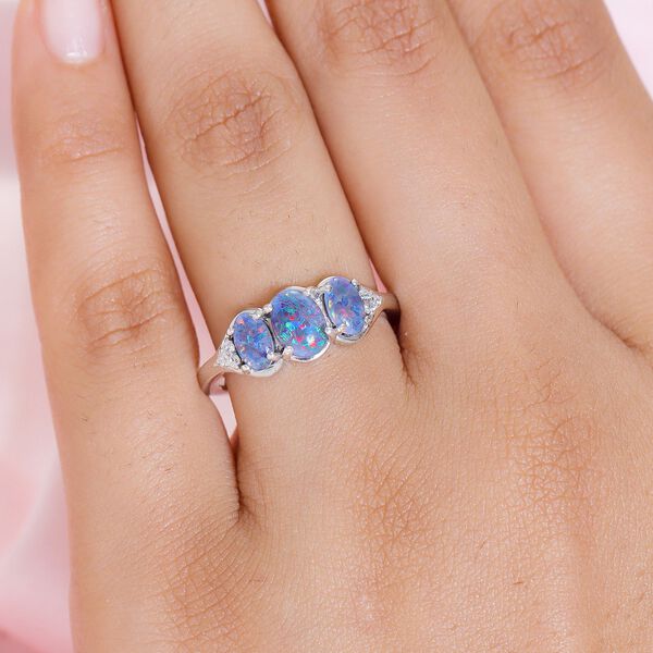 Boulder Opal Triplett und Trilogie-Zirkon Ring, 925 Silber platiniert, 1,53 ct. image number 2
