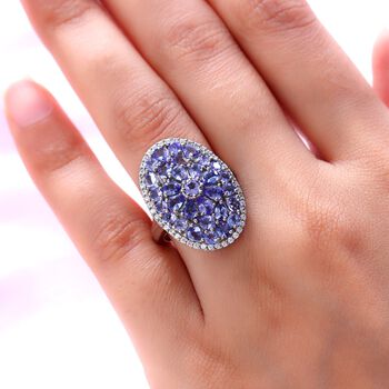 Tansanit und wei&szlig;er Zirkon-Ring, 925 Silber platiniert  ca. 4,47 ct