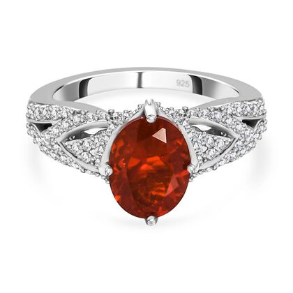 Mexikanischer Feuer opal und Zirkon Ring 925 Silber platiniert (Gr&ouml;&szlig;e 16.00) ca. 2,30 ct