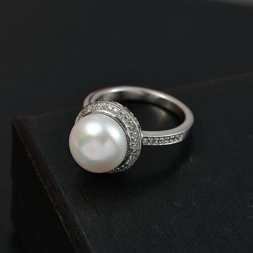 Süßwasser Perle (10.5-11 mm), Weißer Zirkon Ring Messing (Größe 17.00) image number 1