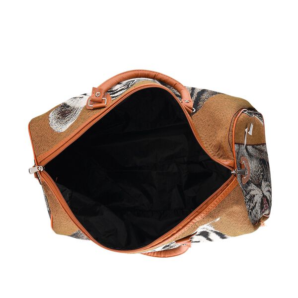 "Life style Color:brown with tiger print /Profile:Duffel bag wall(exterior):Polyester    Lining(interior): polyester; Pockets(exterior):Zipped-1 Pockets(interior):none Measurement:45*23*27cm           " image number 6