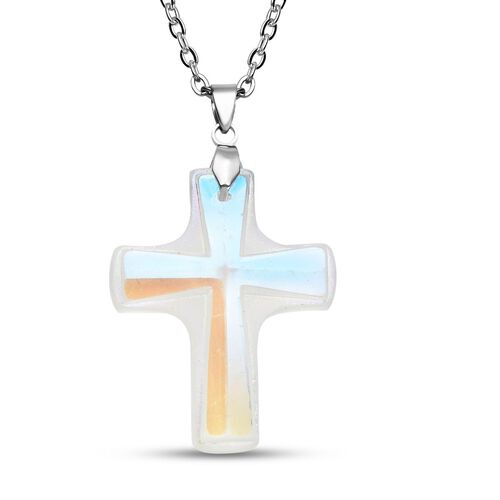 Weißer Kristall Kreuz-Anhänger mit Kette, reiner Edelstahl image number 0