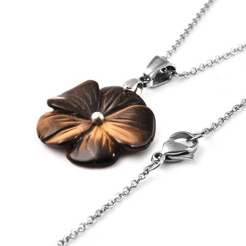 Floral geschnitzter, gelber Tigeraugen-Anhänger mit Kette, ca. 50 cm in Edelstahl image number 1
