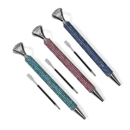 3er-Set Kugelschreiber mit Strassbesatz und Diamantspitze, inkl. 3 blauer Ersatzminen, 15cm,, Mehrfarbig