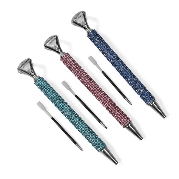 3er-Set Kugelschreiber mit Strassbesatz und Diamantspitze, inkl. 3 blauer Ersatzminen, 15cm,, Mehrfarbig