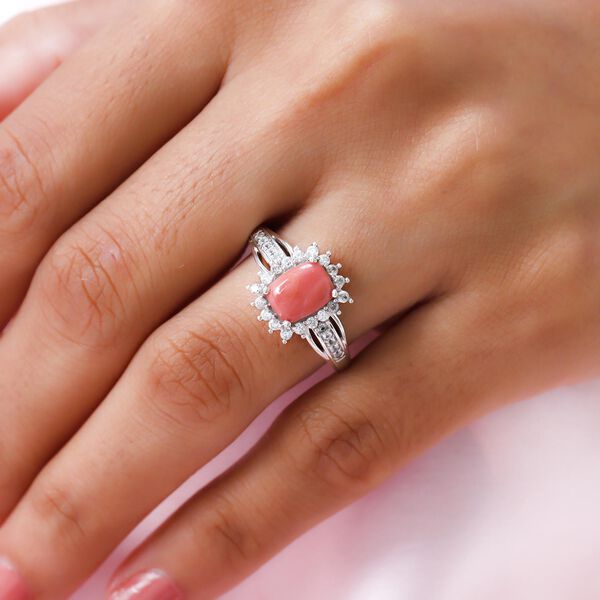 Oregon Pfirsich Opal und Zirkon-Halo-Ring, 925 Silber platiniert, 1,50 ct image number 3