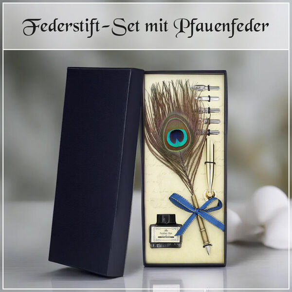 Antikes Federstift-Set mit Pfauenfeder image number 7