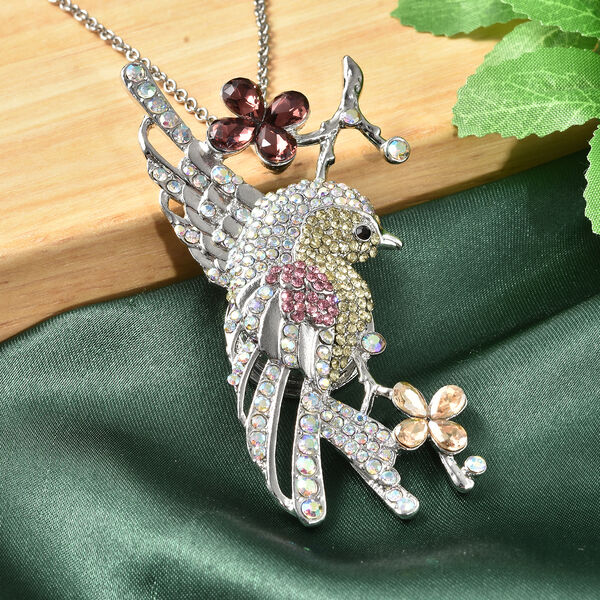 Mehrfarbige Kristall und Glas Kolibri-Brosche, Anh&auml;nger mit Kette, ca. 60 cm, silberfarben image number 3