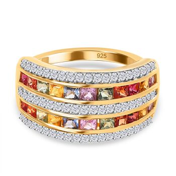 AAA Mehrfarbiger Saphir Ring mit wei&szlig;en Zirkonen, 925 Silber Gelbgold Vermeil (Gr&ouml;&szlig;e 17.00) ca. 2.43 ct