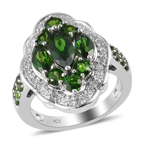 Nat&uuml;rlicher Chromdiopsid und Zirkon Cluster Ring 925 Silber platiniert  ca. 2,19 ct