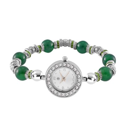 STRADA - Gr&uuml;ner Achat, Wei&szlig;er Kristall Flexibles Armband-Uhr, Japanisches Uhrwerk, ca. 18-19cm,  Schwarz oxidiert