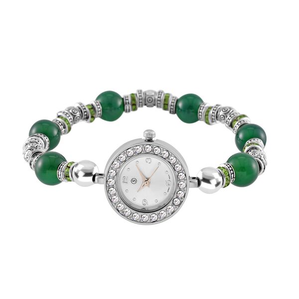 STRADA - Gr&uuml;ner Achat, Wei&szlig;er Kristall Flexibles Armband-Uhr, Japanisches Uhrwerk, ca. 18-19cm,  Schwarz oxidiert