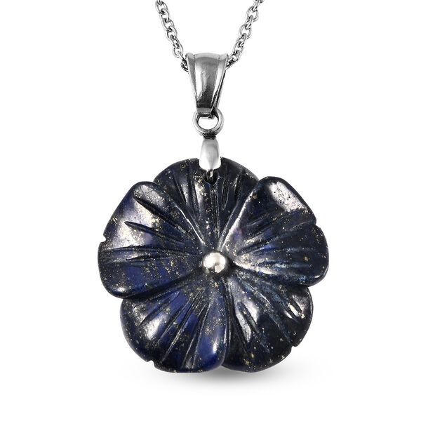 Floral geschnitzter, Lapislazuli-Anh&auml;nger mit Kette, ca. 50 cm in Edelstahl