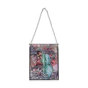 Handbemalter Glas Suncatcher mit Kette, silberfarbenem Rahmen, Alphonse Mucha Motiv Winter, 12x15 cm