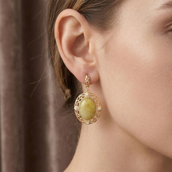 Nat&uuml;rlicher Baltischer Butterscotch-Bernstein, Wei&szlig;er Zirkonia Ohrringe 925 Silber vergoldet image number 2