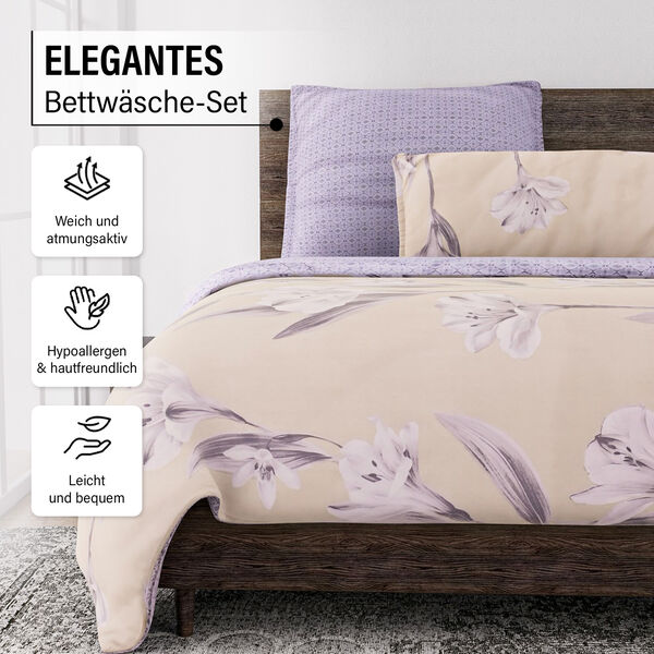 6-tlg. Bettw&auml;sche-Garnitur mit doppelseitigem Druck, Blumenmuster, lila image number 2