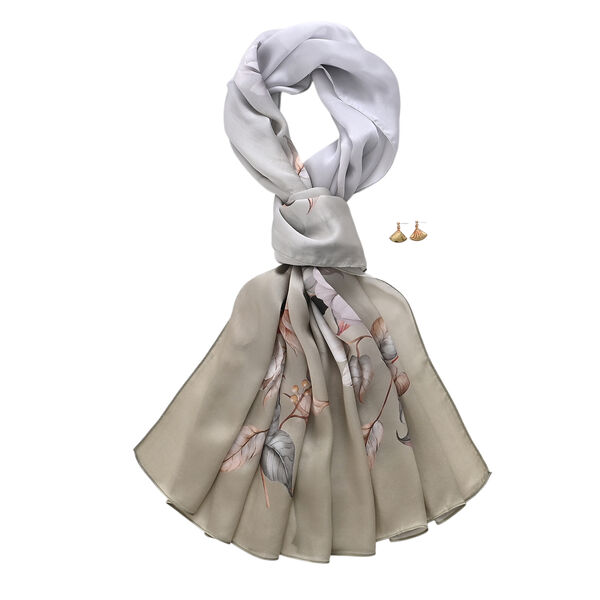 LA MAREY Signature Set mit Seidenschal und Seidentropfen-Ohrringen, 100% Maulbeerseide, 65 x 170 cm, Perlgrau mit Beige