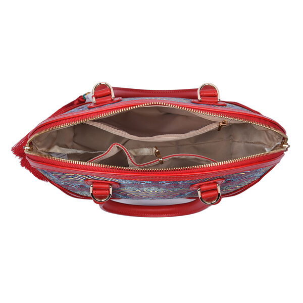 Seidenbrokat Tasche aus 100% Leder mit nat&uuml;rlicher Jade Quaste, Gr&ouml;&szlig;e 35x23x13 cm, Rot image number 5