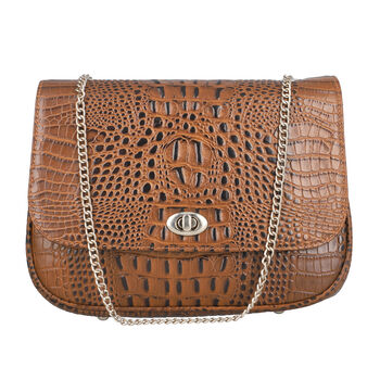 Umh&auml;ngetasche aus echtem Leder mit Kroko-Pr&auml;gung und Kettenriemen, Braun