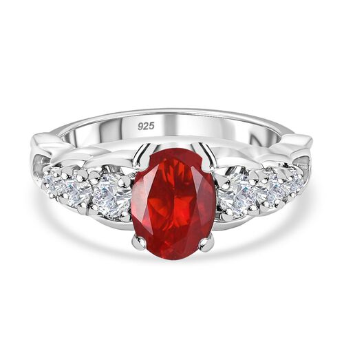 Mexikanischer Kirschfeuer-Opal und Zirkon Ring 925 Silber Platin-Überzug image number 0