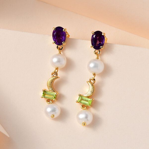 GP Regina Kollektion -Weiße Perle, afrikanische Amethyst und Mehrfach-Edelstein-Ohrringe - 7,90 ct. image number 2