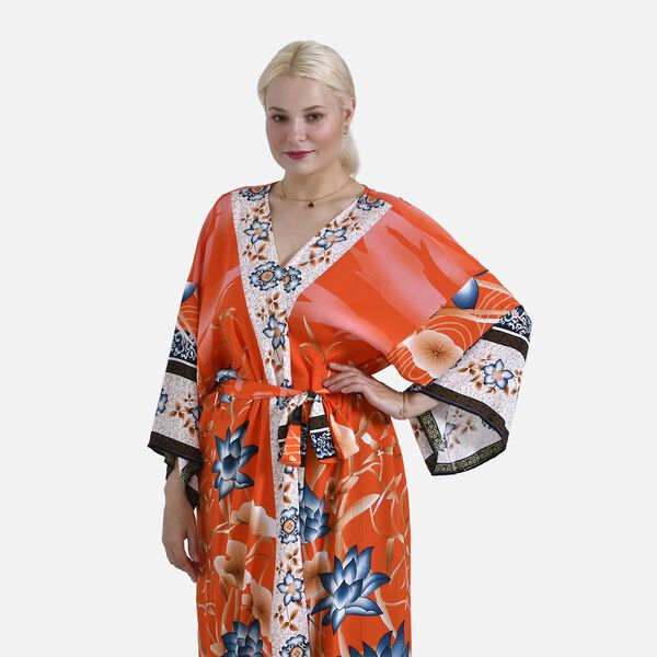 Kimono mit Gürtel, Vogel- und Blumenmuster, 128×78 cm, Orange image number 5