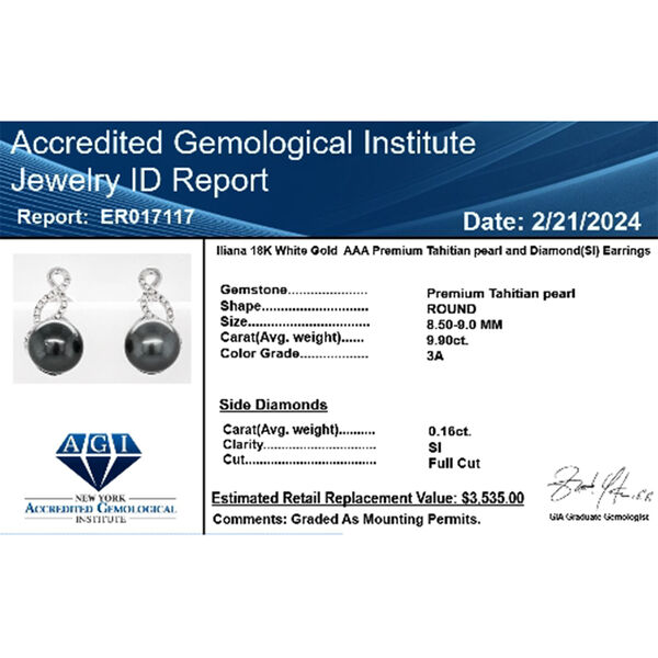 ILIANA zertifiziert und gepr&uuml;ft AAA Tahiti Perle und SI Diamant Ohrringe in 750 Wei&szlig;gold image number 5