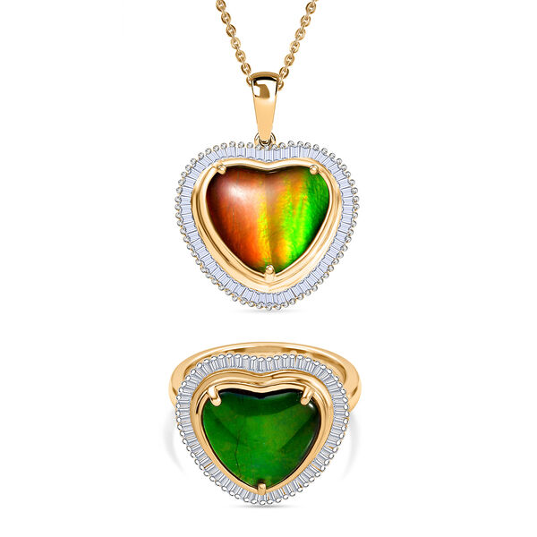 D'Joy Ammolit und Diamant Ring und Anh&auml;nger mit 50cm Kette