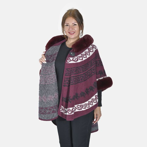 Halbmondf&ouml;rmiger Kapuzenponcho mit Druckknopfverschluss aus Kunstpelz, One Size, 80x109.22cm, Rot image number 6