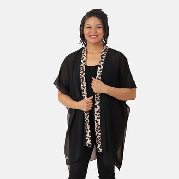 Chiffon Kimono mit bedruckter Bord&uuml;re, Einheitsgr&ouml;&szlig;e Schwarz