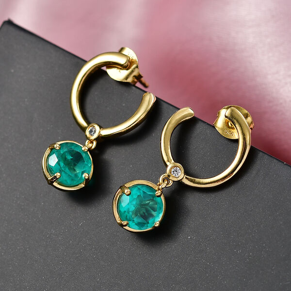 D'Joy Smaragd-Quarz Triplette, Wei&szlig;er Zirkon Ohrringe 925 Silber 750 Gelb Vergoldet ca. 3,12 ct. image number 1