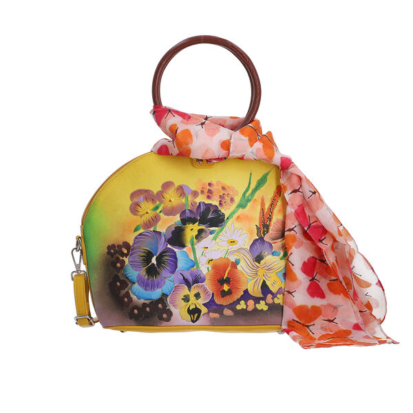 SUKRITI, Handbemalte 100% Leder Tasche mit Maulbeerseiden Schal, Blumenmuster, Senfgelb image number 6