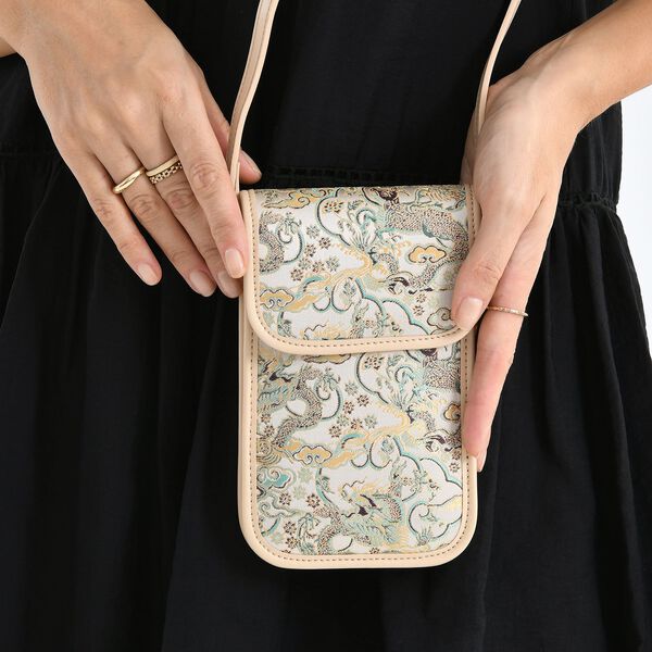 LA MAREY Brokat Handy Umh&auml;ngetasche aus Seide und Echtleder, 12x19x3cm, Beige image number 3