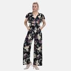 Jumpsuit mit gesmokter Taille und Flatterärmel, schwarz Blumen