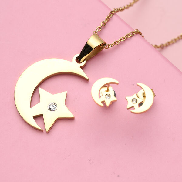 2er - Set wei&szlig;e Kristall-Ohrringe und Halskette, ca. 50 cm, Edelstahl IP-Gold image number 1