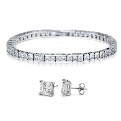2er Set- Wei&szlig;er Zirkonia Armband und Ohrringe, Nickelfreies Messing, Silberfarben