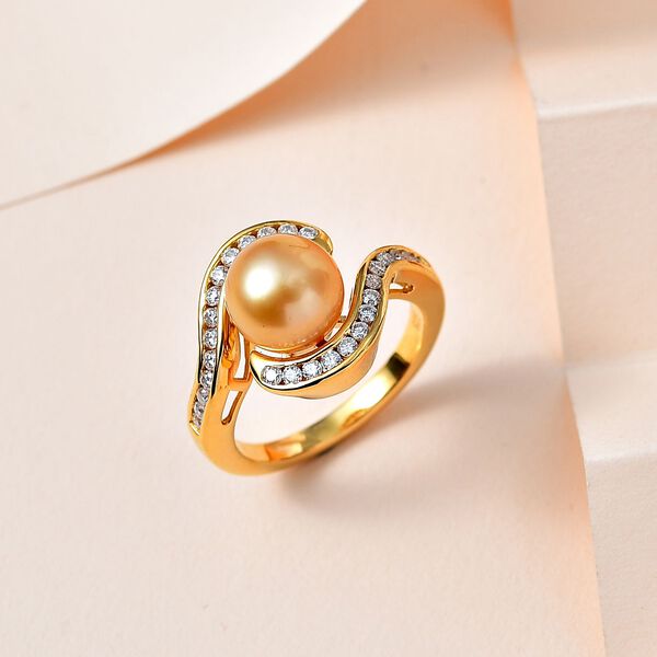 Goldene S&uuml;dsee Perle, Moissanit Ring, (9-11mm), 925 Silber Gelbgold Vermeil ca. 0.56 ct image number 1