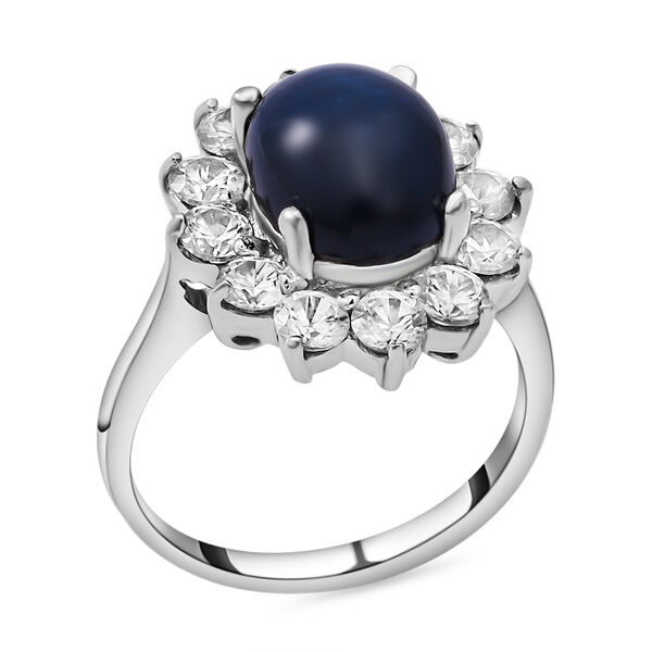 Blauer Stern-Saphir und Zirkon-Halo-Ring, 925 Silber platiniert, 5,46 ct. image number 3