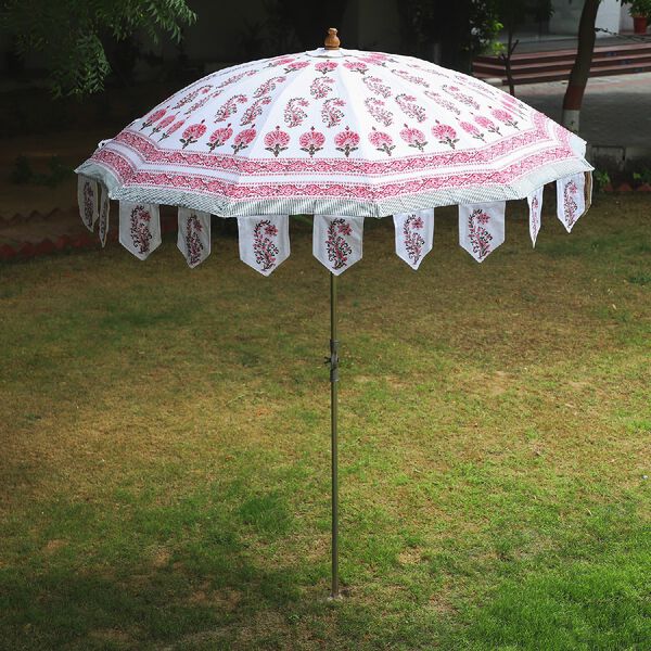 Sonnenschirm aus 100% Baumwolle mit Blockdruck, Blumen-Muster, Wei&szlig;-Rosa&nbsp;