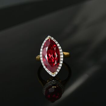 Marquise Dawn - D'joy Lab Grown Padparadscha-Saphir , Wei&szlig;er Zirkon Ring 925 Silber 750 Gelbgold Vermeil (Gr&ouml;&szlig;e 18.00) ca. 11.92 ct