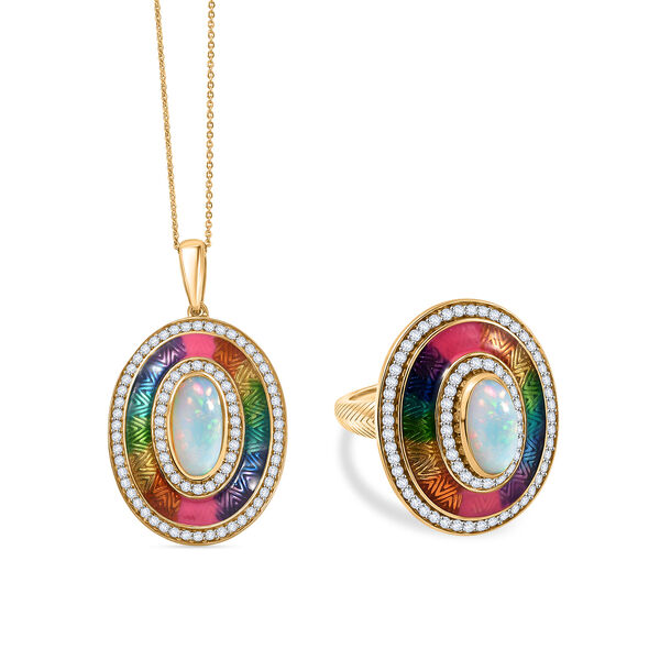 D'Joy AA nat&uuml;rlicher, &auml;thiopischer Welo Opal und Zirkon Ring und Anh&auml;nger mit 50cm Kette